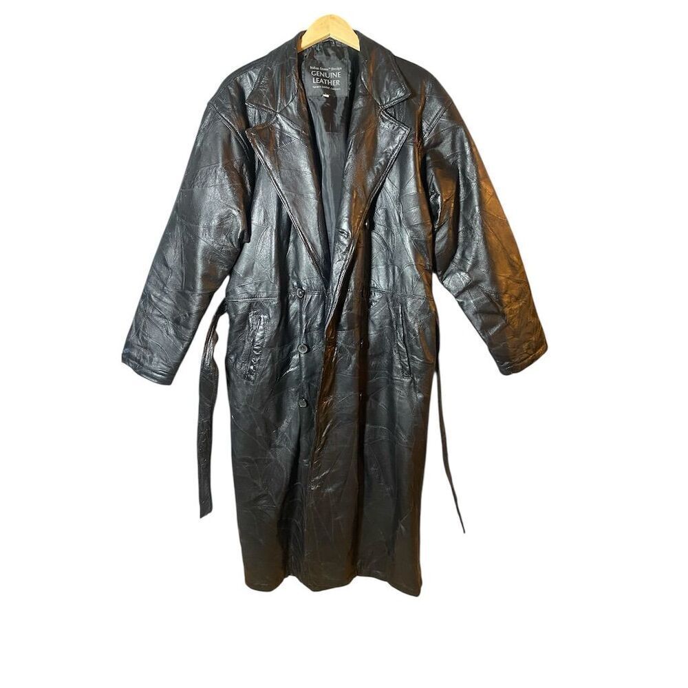 Italian Stone Design Men's XL Black Leather Overcoat Belted Formal